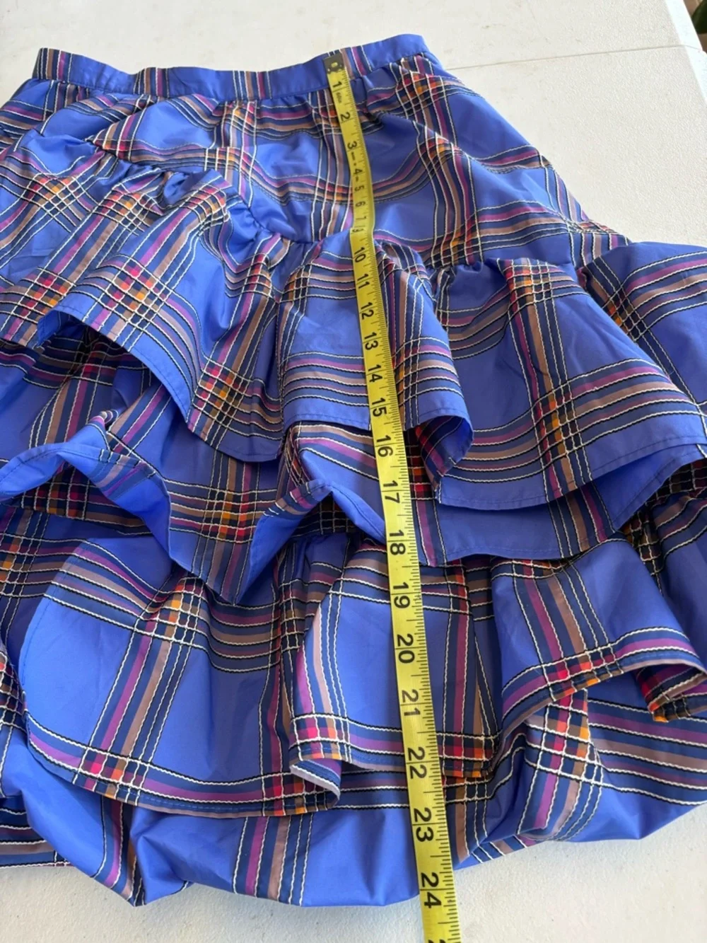 Anthropologie Maeve Blue Plaid Tiered Ruffle Mini Skirt 6